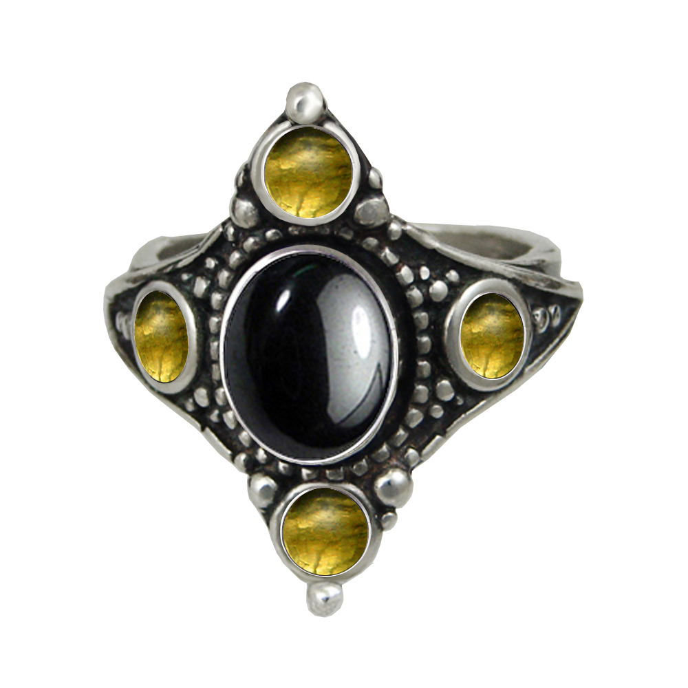 Sterling Silver Renaissance Queen's Ring With Hematite And Citrine Size 9